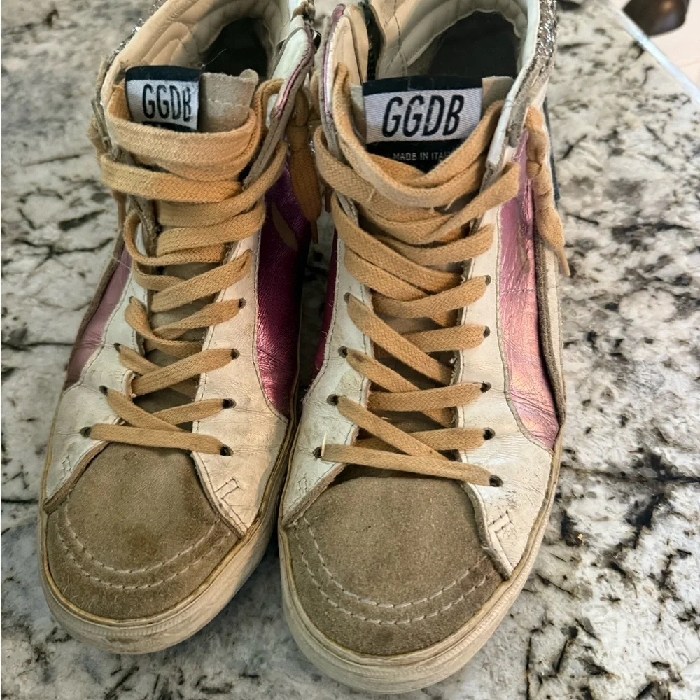 Golden Goose Pink and Silver Glitter Sneakers with Blue Star - Picture 3 of 6